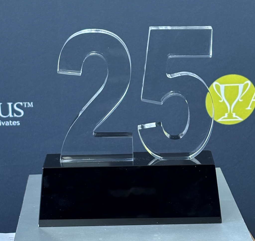 25 Year Crystal Award on Black base  7 1/2" 