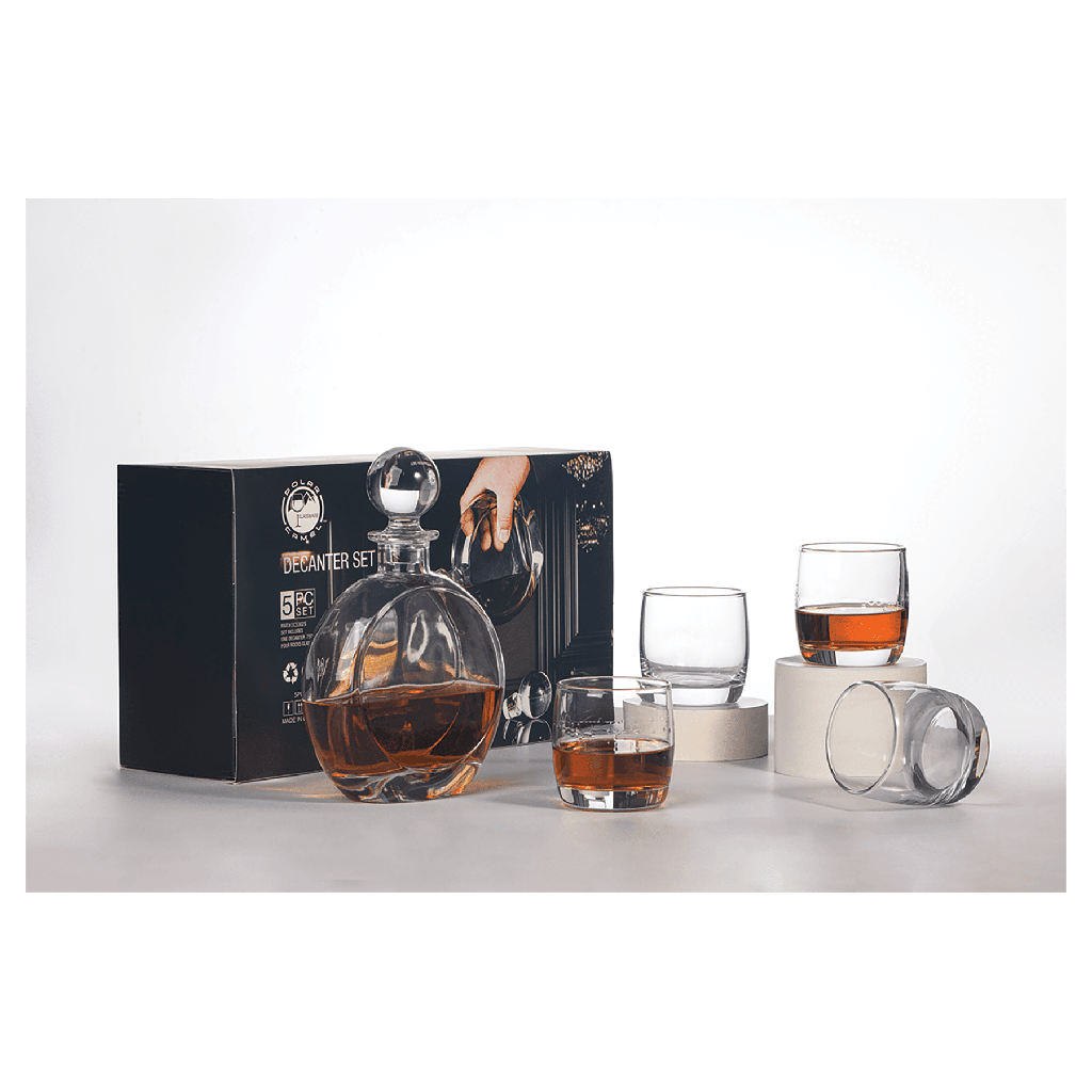 Polar Camel 750 mL Flat Round Glass Decanter Set with Four DG302S 10 oz. Rocks Glasses in Black Gift Box